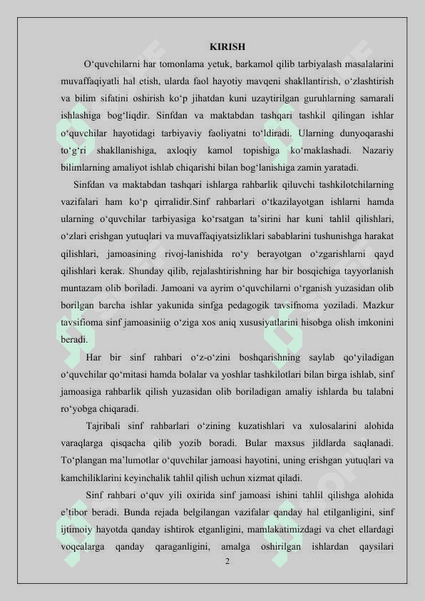 SINF RAHBARI ISHINI REJALASHTIRISH METODIKASI 2
