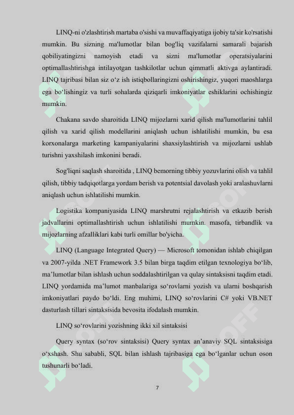 LINQ OPERATORLARI VA ULARNING KO'P O'LCHOVLI MA'LUMOTLAR BILAN ISHLASHDAGI ROLI 7