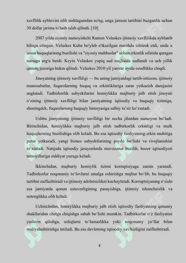TADBIRKORLIK SUBYETKTLARINI HOMIYLIKKA VA BOSHQA TADBIRLARGA MAJBURIY JALB ETISH JINOYATINING JINOIY HUQUQIY TAVSIFI (NAZARIYA VA AMALIYOT) 8