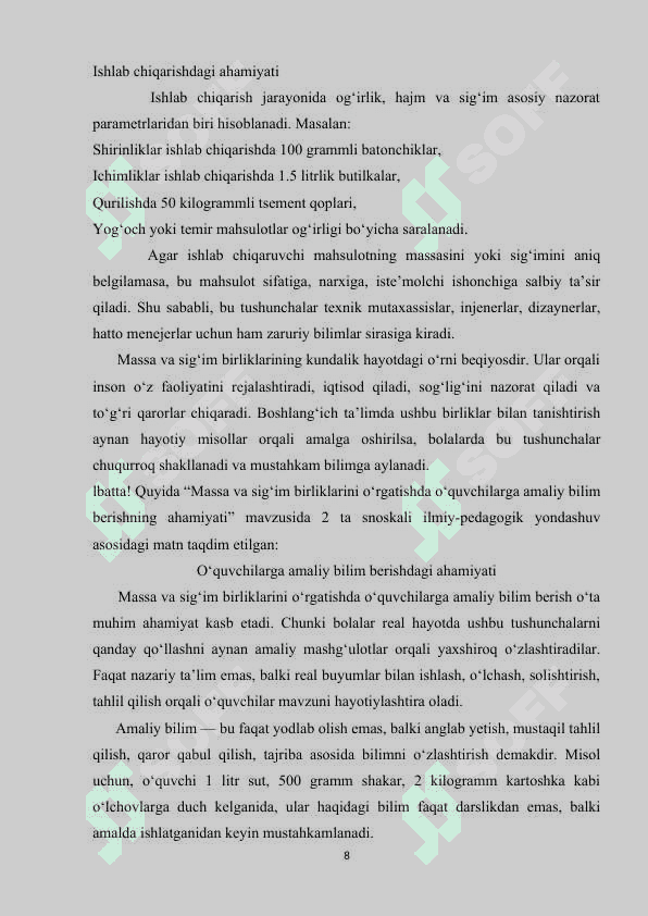 Massa(sig’im) o’lchov birliklarini o’rgatish metodikasi 8