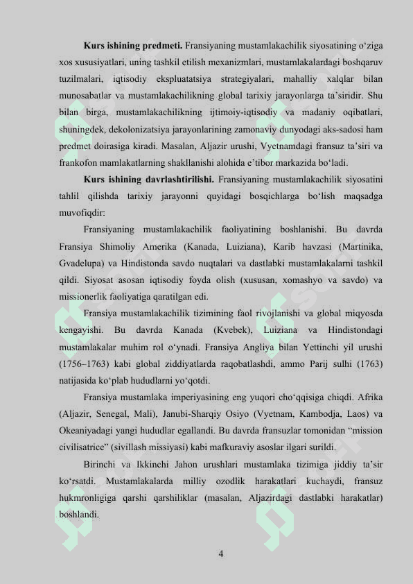 FRANSIYANING MUSTAMLAKACHILIK SIYOSATI kurs ishi 4