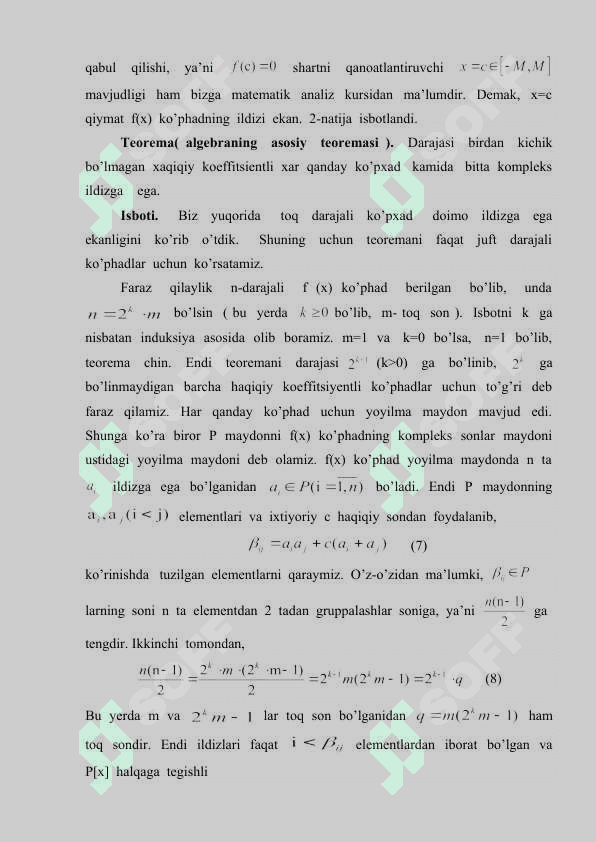 Haqiqiy koeffisiyentli ko’phadning mavhum ildizlarining 8