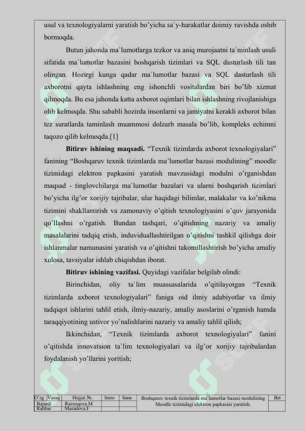 Boshqaruv texnik tizimlarda ma’lumotlar bazasi modulining Moodle tizimidagi elektron papkasini yaratish 4