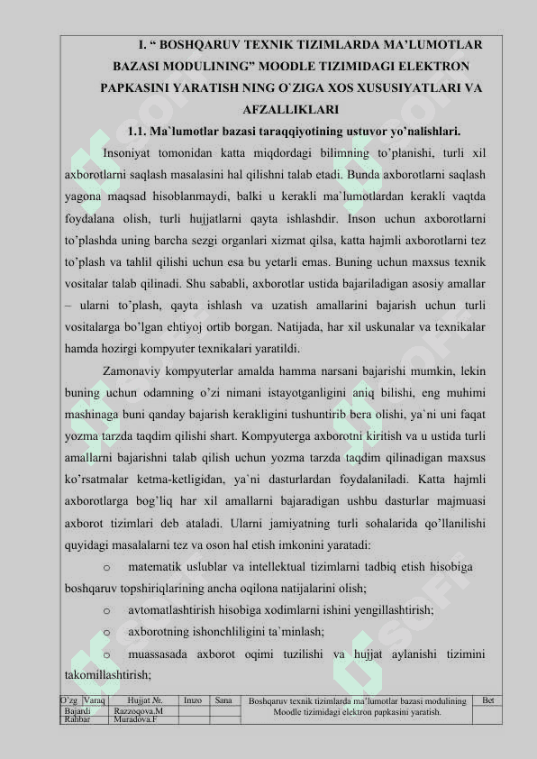 Boshqaruv texnik tizimlarda ma’lumotlar bazasi modulining Moodle tizimidagi elektron papkasini yaratish 7