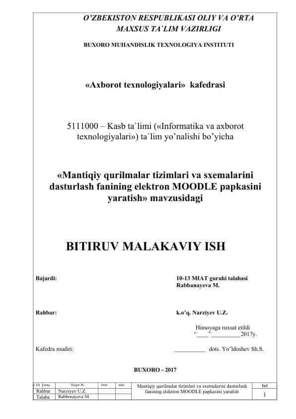 Mantiqiy qurilmalar tizimlari va sxemalarini dasturlash fanining elektron MOODLE papkasini yaratish