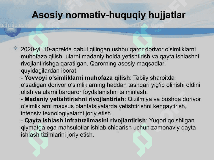 Dorivor oʻsimliklarga oid Oʻzbekiston Respublikasi Prezidenti  farmon va qonunlari 4