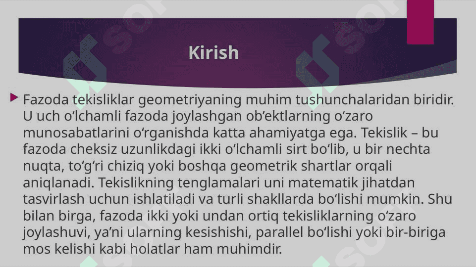 Fazoda tekislikning turli tenglamalari Fazoda tekislikning o`zaro vaziyati. Fazoda tekisliklarning o`zaro vaziyati 2
