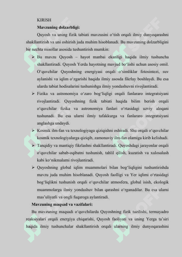 Astronomiyadan “Quyosh va uning fizik tabiati” mavzusuni o‘qitishda ilmiy dunyoqarashni oshirish.Kurs ishi 3