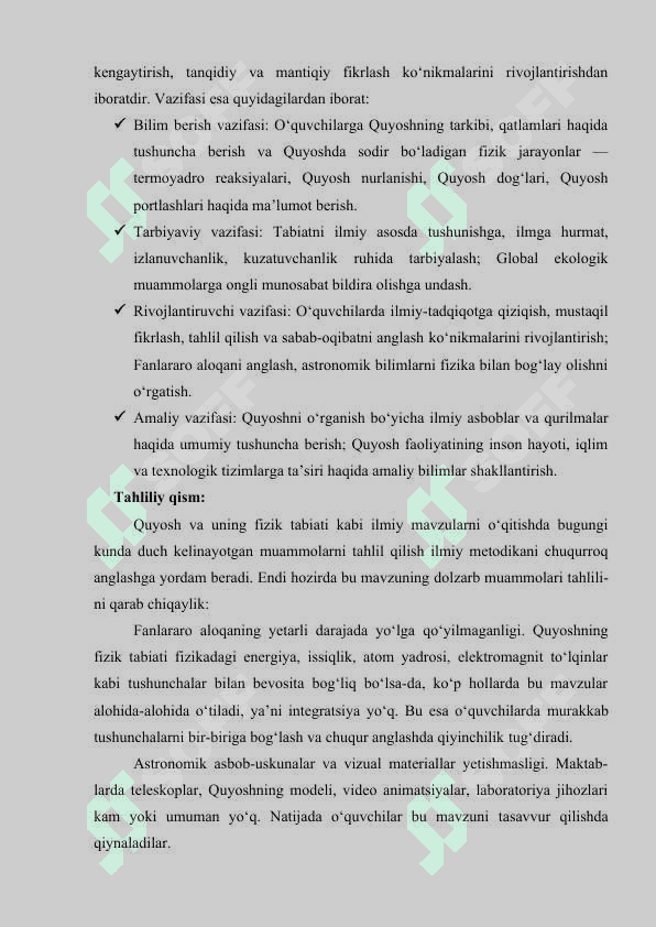 Astronomiyadan “Quyosh va uning fizik tabiati” mavzusuni o‘qitishda ilmiy dunyoqarashni oshirish.Kurs ishi 4