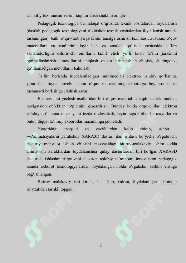 ANIMATSIYALARNI YARATISHDA XARA 3D DASTURI BILAN ISHLASH BO‘YIChA O‘RGATUVCHI DASTURIY MAXSULOT ISHLAB CHIQISH 5