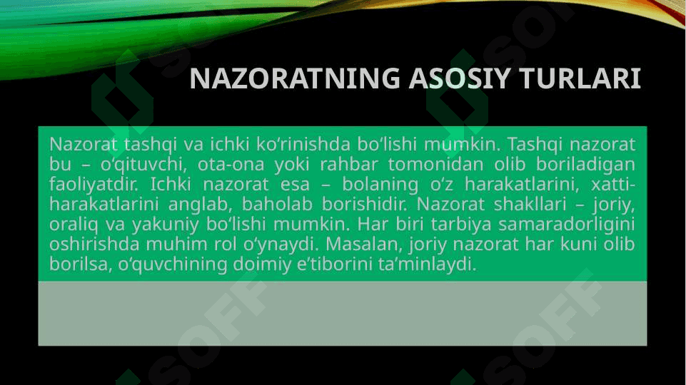 Tarbiya jarayonida nazorat o`z o`zini nazorat qilish va o`z o`zini baholash usullari mavzusida slayd taqdimot 6