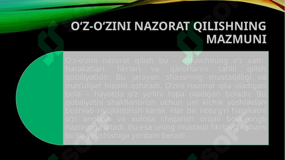 Tarbiya jarayonida nazorat o`z o`zini nazorat qilish va o`z o`zini baholash usullari mavzusida slayd taqdimot 8