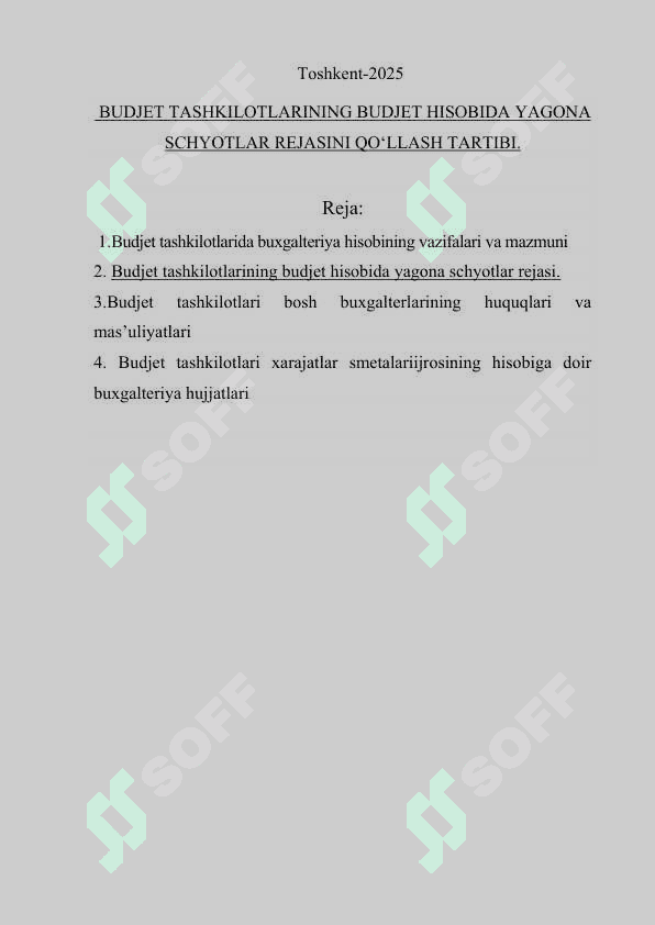 BUDJET TASHKILOTLARINING BUDJET HISOBIDA YAGONA SCHYOTLAR REJASINI QO‘LLASH TARTIBI 2