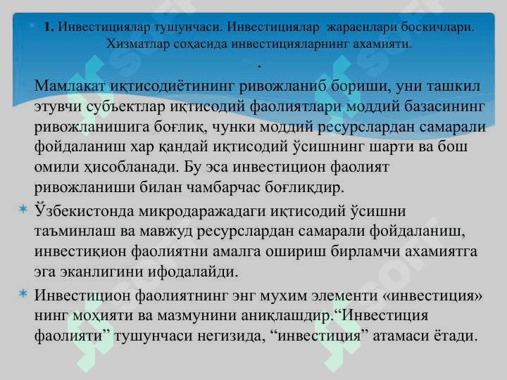 Хизматлар соҳаси корхонасининг инвестицион фаолияти ва корхоналари молияси 2