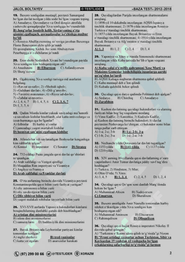 Tarix fanidan DTM testlari (baza) 2