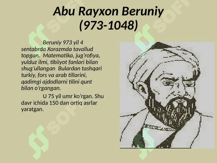 O’rta Osiyo halqlari hayotida IX-XII asrlarda yuz bergan uyg’onish (renessans) davri. Ajdodlarimizning jahon sivilizatsiyasiga qo’shgan xissasi. Mo’g’ullar istilosi va zulmiga qarshi kurash 7