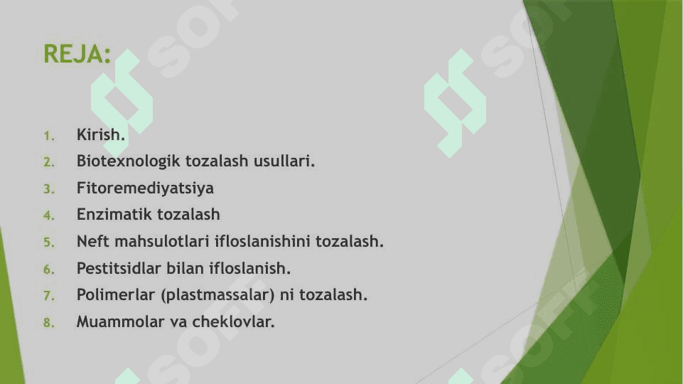 Sekin parchalanadigan, ifloslantiruvchi mahsulotlardan tozalash texnologiyalari. 2