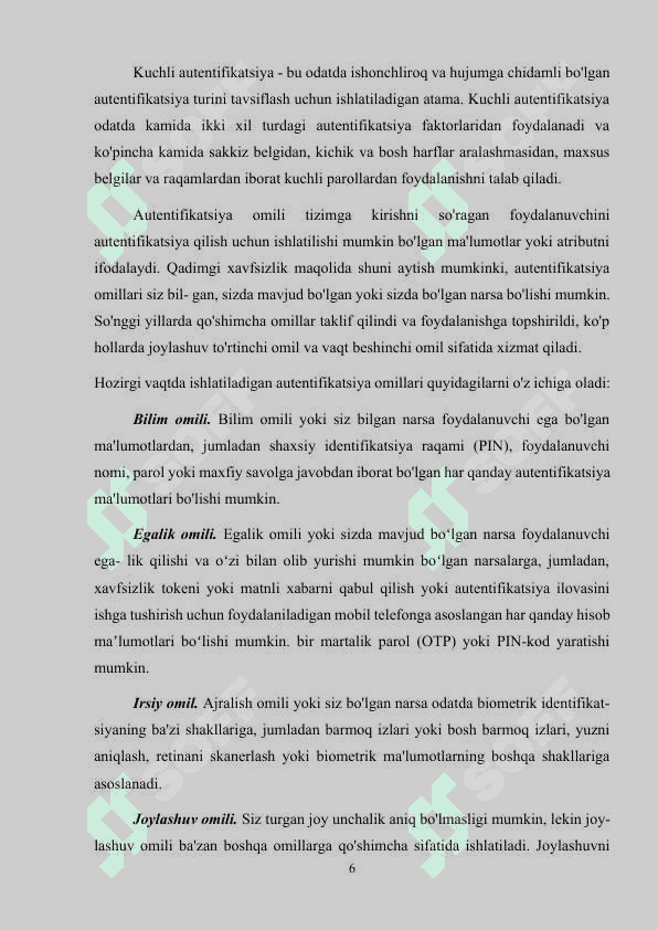 Mobil qurilmalar uchun ko’p faktorli autentifikatsiyalash dasturini ishlab  chiqish 6