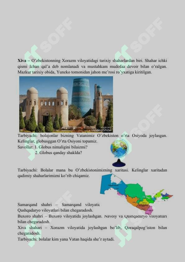 Vatanimizning qadimiy shaharlari Samarqand, Buxoro, Xiva” mavzusidagi  Ochiq mashg`ulot ishlanmasi 4