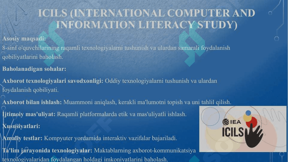 Xalqaro baholash dasturlari: PISA, PIRLS, TIMSS, ICILS, TAILS Prezident maktablarida va ijodiy maktablarda ta’lim mazmuni 5