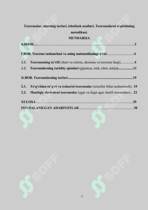 Teoremalar, ularning turlari, isbotlash usullari. Teoremalarni o’qitishning metodikasi 2