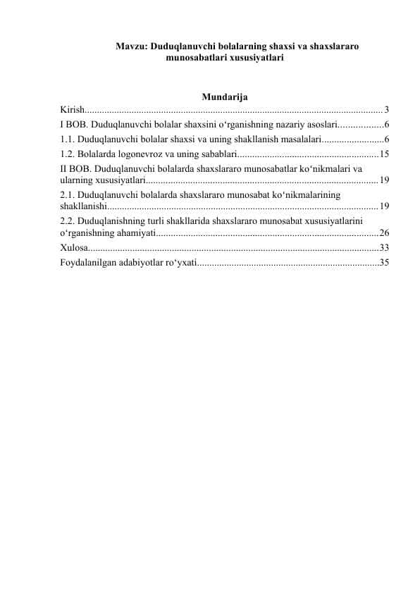 Duduqlanuvchi bolalarning shaxsi va shaxslararo munosabatlari xususiyatlari
