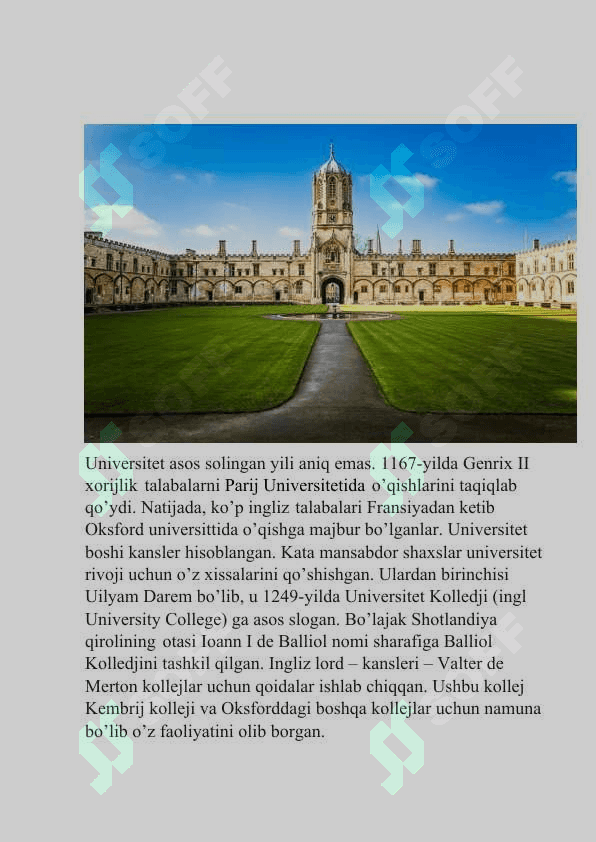 Oksford universitetining shakllanish tarixi va bugungi kundagi faoliyati 2