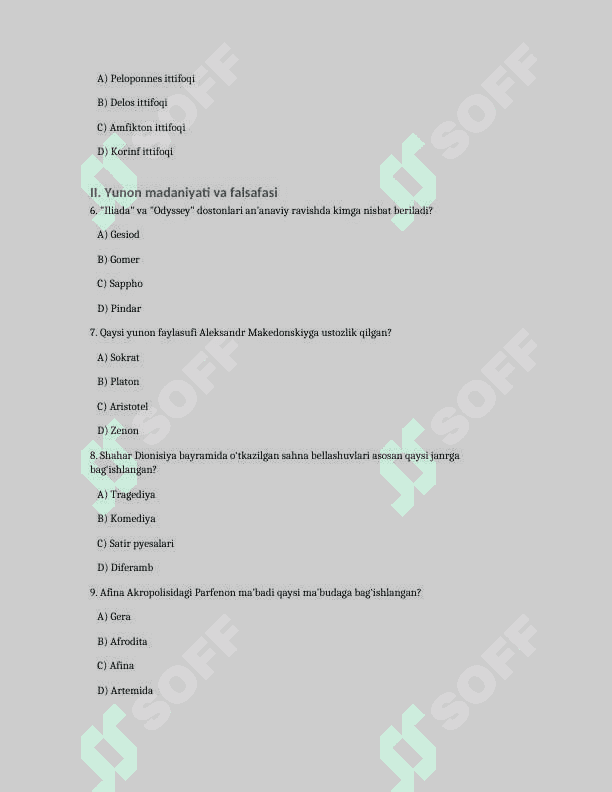 Qadimgi Yunoniston va Rim bo'yicha 35 ta mavzulashtirilgan test 2