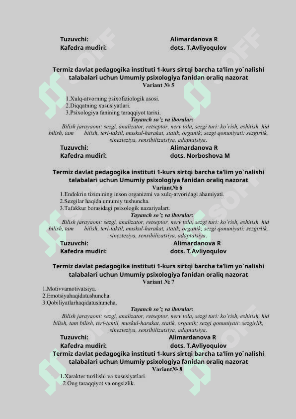 Umumiy psixologiyafanidan oraliqnazorat testi 2