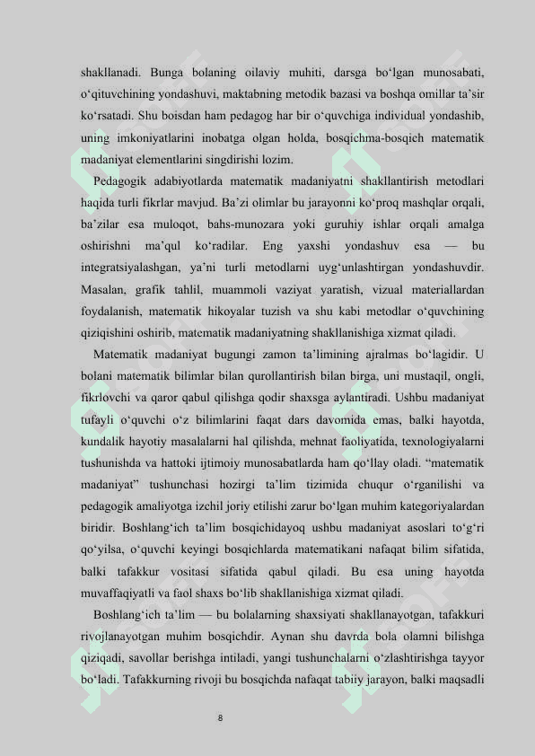 1-2-sinf o‘quvchilarining matematik madaniyatlarini shakllantirish kurs ishi 8