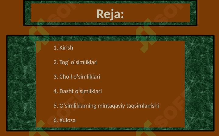 Oʻzbekistonning togʻ, choʻl va dashtlarida oʻsadigan o’simliklari. O’simliklarning mintaqalar boʻyicha taqsimlanishi 2