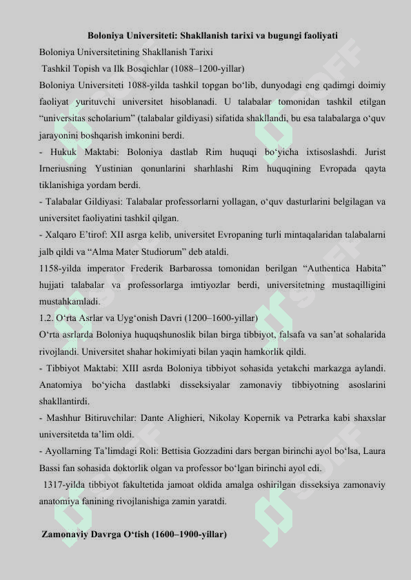 Boloniya universitetining shakllanish tarixi va bugungi kundagi faoliyati ma'lumotnoma 2