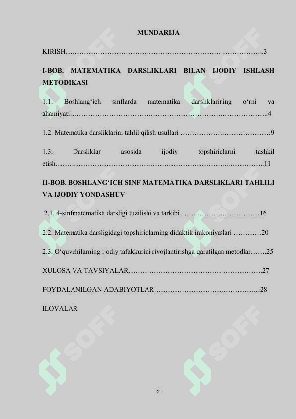 BOSHLANG‘ICH SINFLARDA MATEMATIKA DARSLIGI USTIDA IJODIY ISHLASH VA DARSLIK TAHLILINI AMALGA OSHIRISH METODIKASI (4-SINF MISOLIDA).docx 2