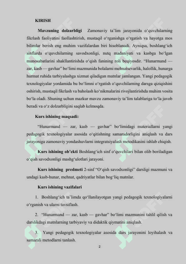 2-SINF O‘QISH SAVODXONLIGI DARSLIGIDAGI HUNNAR-ZAR,KASB-GAVHAR  BO‘LIMINI YANGI PEDAGOGIK TEXNOLOGIYALAR VOSITASIDA O‘RGANISH 2