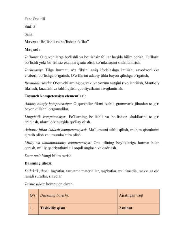 Bo’lishli va bo’lishsiz fe’llar