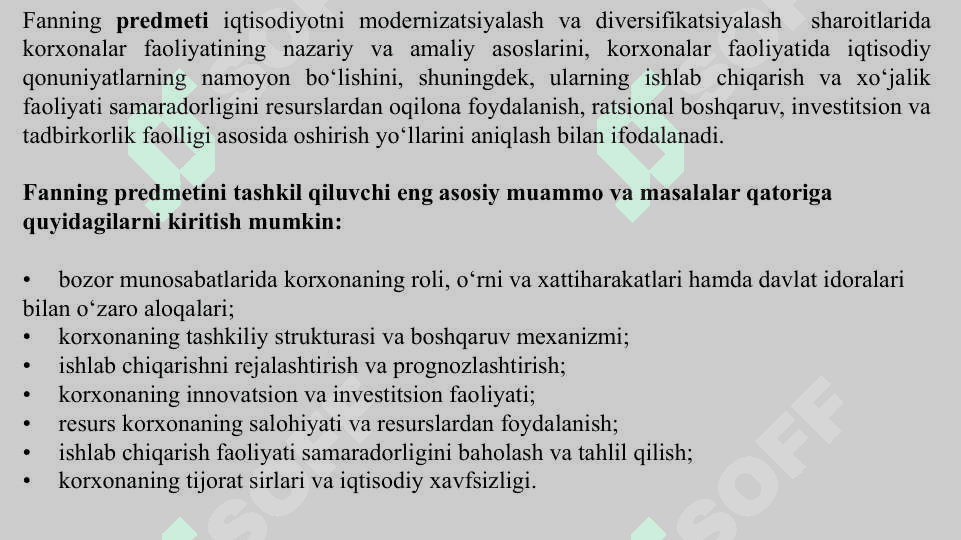 Korxonalarning rivojlanish strategiyasi” fanining predmeti va vazifalari 4