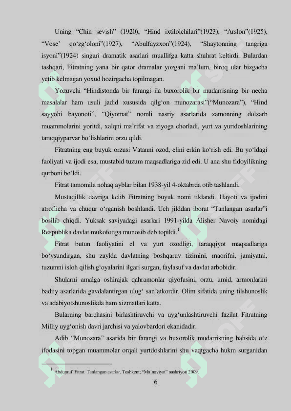 Kurs ishi. Abdurauf Fitratning adabiyotshunoslik faoliyati 6