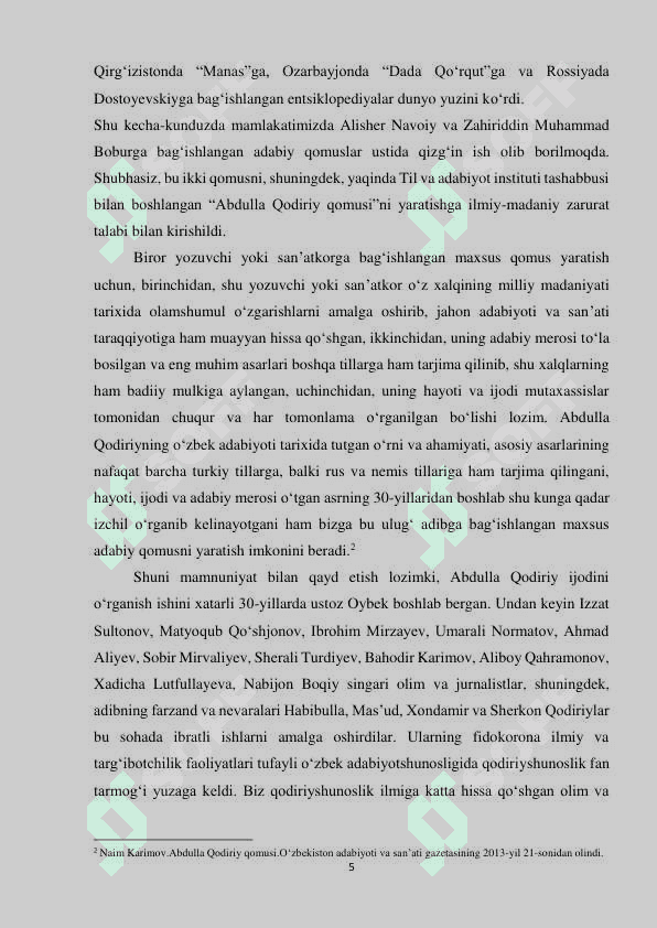 Kurs ishi. Abdula Qodiriy o'zbek romanchiligi asoschisi 5