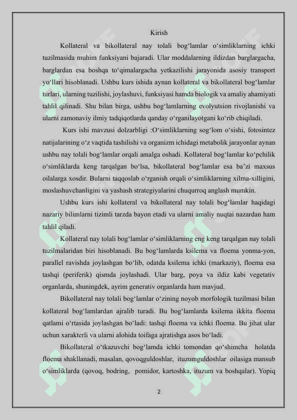 O‘tkazuvchi to‘qima- kollateral va bikollateral nay tolali bog‘lamlar bilan tanishish 30 kurs ishi.docx 2