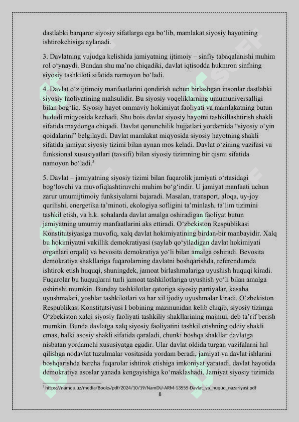 DAVLAT  VA HUQUQNING VUJUDGA KELISHINING ASOSLARI , SHARTLARI VA QONUNIYATLARI 8