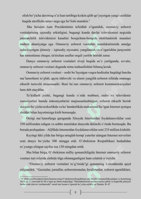 O’zbekistonda ommaviy axborot vositalari faoliyatini demokratlashtirish 8