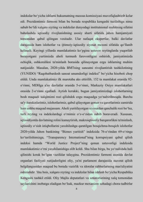 O‘ZBEKISTON RESPUBLIKASINING XALQARO REYTING VA INDEKSLARDAGI O‘RNI VA NUFUZINING ORTIB BORISHI 6