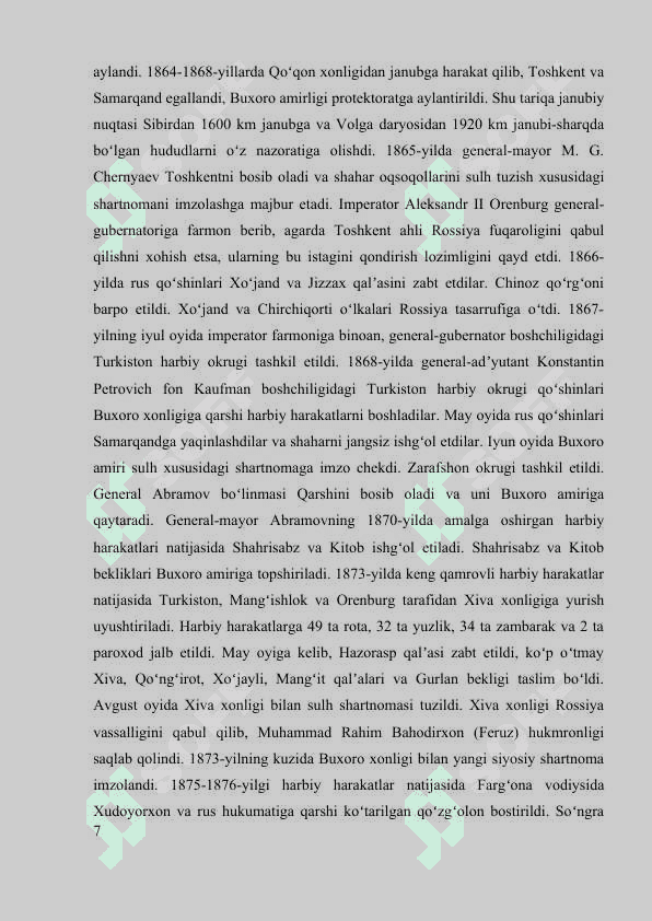 “O‘rta Osiyoning Rossiya imperiyasi tomonidan zabt etilishi va sovet hokimiyati tomonidan yer-suv munosabatlarining mustamlakachilikka moslashtirilishi” mavzusida Kurs ishi 7