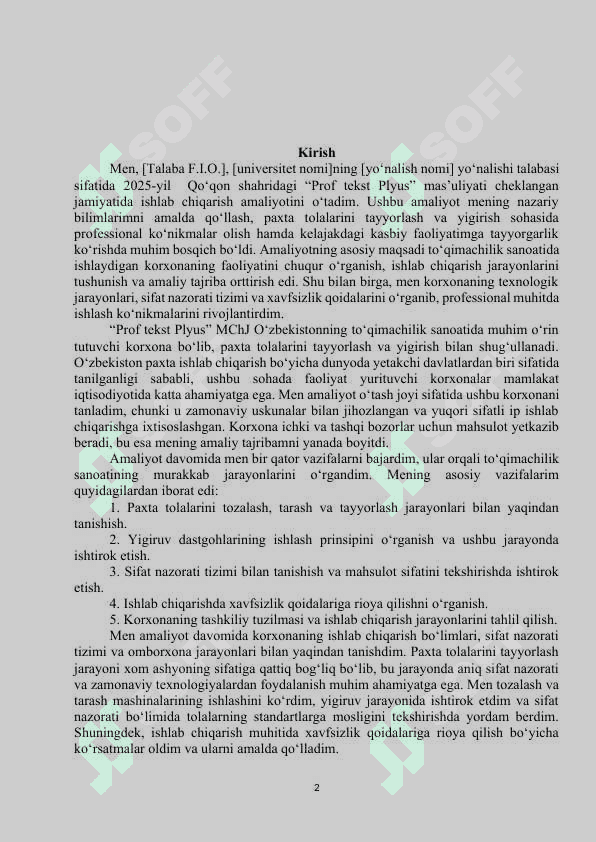 Amaliyot hisoboti Tekstil 2