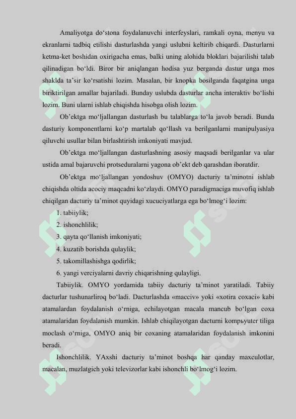Ob’ektli dasturlash asoslari ob’ektga yo’naltirilgan dasturlash (dasturlash) 2