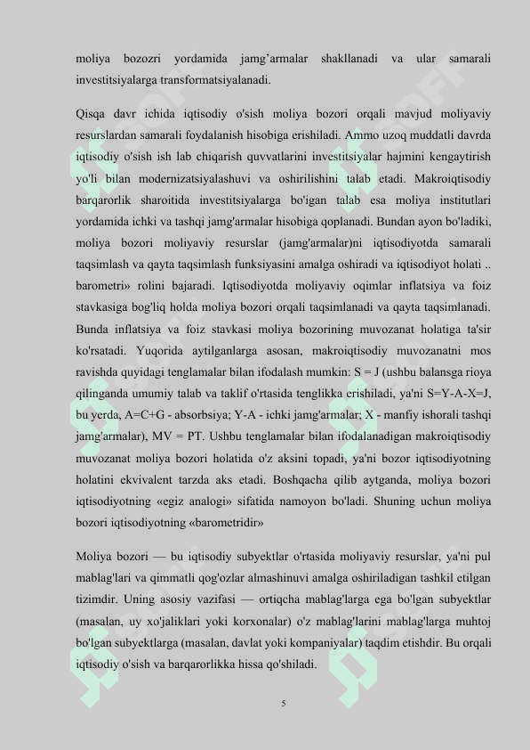 KURS ISHI MAVZU: O’zbekistonda moliya bozorining shakllanishi. 5