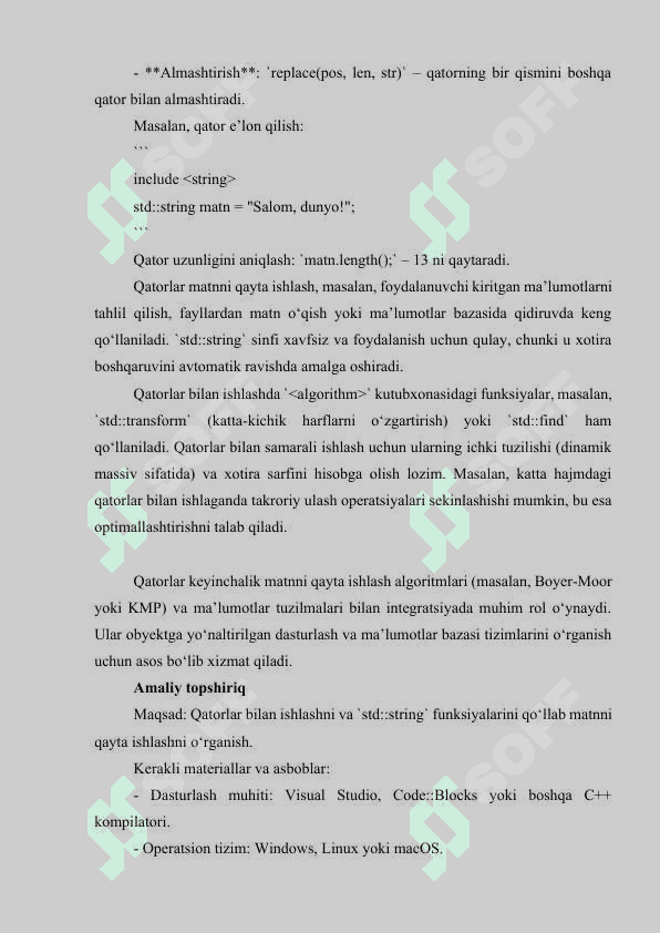 Qatorlar bilan ishlash. Qatorlar ustida ishlovchi funksiyalardan foydalanib amaliy masalalarni hal qilish 2