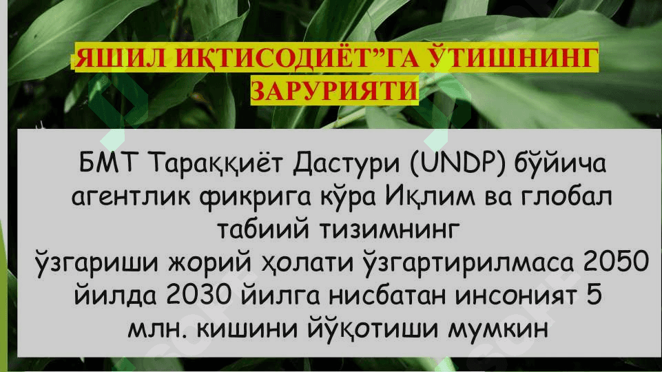 Яшил иқтисодиёт”га ўтишнинг зарурияти, тамойиллари ва дастаклари 8