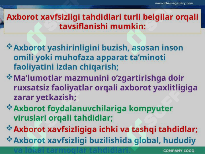 Axborot xavfsizligi muammolari. Axborotlarni himoyalashning tarkibiy qismlari va usullari 4