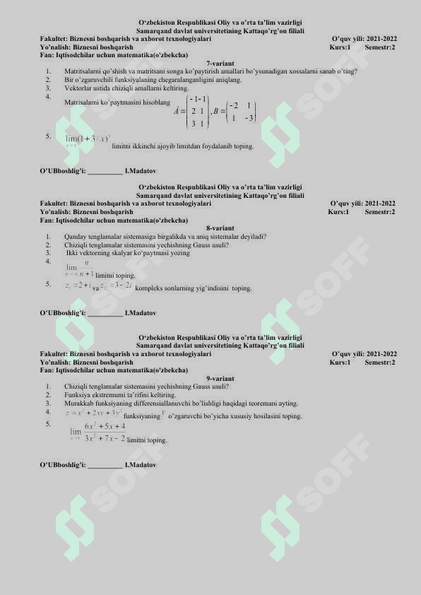 biznesni boshqarish yo'nalishi fanidan test 3